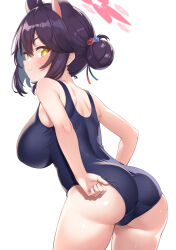 Rule 34 | &gt;:), 1girl, alternate costume, ass, bare arms, bare shoulders, black hair, blue archive, blue one-piece swimsuit, blush, breasts, closed mouth, cowboy shot, from side, hair bun, halo, highres, impossible clothes, impossible swimsuit, kaede (blue archive), large breasts, looking at viewer, looking to the side, one-piece swimsuit, oppai loli, pink halo, school swimsuit, simple background, single side bun, smile, solo, sonao, swimsuit, v-shaped eyebrows, white background, yellow eyes