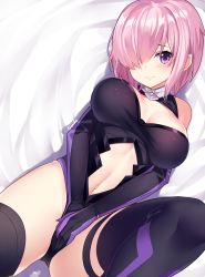 Rule 34 | 1girl, 3:, between legs, black gloves, black leotard, black thighhighs, blush, breasts, closed mouth, clothing cutout, covering privates, covering crotch, elbow gloves, fate/grand order, fate (series), gendo0032, gendo0033, gloves, hair over one eye, hand between legs, large breasts, leg up, leotard, looking at viewer, lying, mash kyrielight, navel, navel cutout, on back, pink hair, purple eyes, purple gloves, purple thighhighs, short hair, solo, strapless, strapless leotard, thigh strap, thighhighs, thighs