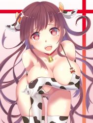 Rule 34 | 1girl, animal ears, animal print, bell, bent over, bikini, bow, bra, breast hold, breasts, choker, cow ears, cow girl, cow horns, cow print, cow print bikini, cow print gloves, cow print thighhighs, danganronpa (series), danganronpa 2: goodbye despair, elbow gloves, gloves, grabbing, grabbing another&#039;s breast, gradient background, horns, large breasts, leaning forward, long hair, looking at viewer, mole, mole under eye, neck bell, open bra, open mouth, panties, pink background, print bikini, print gloves, print thighhighs, purple hair, red bow, red choker, red eyes, removing bra, removing panties, shiny skin, side-tie panties, simple background, solo, standing, striped, striped background, swimsuit, teeth, thighhighs, tongue, tsumiki mikan, underwear, untied panties, upper teeth only, white background