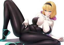 Rule 34 | 1girl, absurdres, blonde hair, blue eyes, bodystocking, bodysuit, cameltoe, gwen stacy, highres, marvel, shoes, simple background, smirk, solo, spider-gwen, spider-man: across the spider-verse, spider-man: into the spider-verse, spider-man (series), spider-verse, split, spread legs, thore (nathalukpol), wedgie, white background