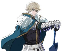 Rule 34 | 1boy, absurdres, armor, blonde hair, blue cape, blue eyes, cape, collared cape, excalibur galatine (fate), fate/extra, fate/grand order, fate (series), from side, fur-trimmed cape, fur trim, gauntlets, gawain (fate), hair between eyes, highres, knight, looking at viewer, male focus, parted lips, planted, planted sword, planted weapon, potato goril, short hair, solo, sword, thick eyebrows, weapon