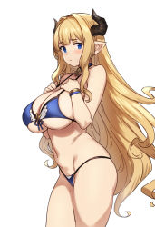 Rule 34 | 1girl, bare shoulders, bikini, blonde hair, blue eyes, blunt bangs, breasts, choker, cleavage, cowboy shot, draph, granblue fantasy, highres, horns, houtengeki, large breasts, light blush, long hair, looking at viewer, midriff, navel, pointy ears, razia, simple background, sleeveless, solo, stomach, swimsuit, very long hair, white background
