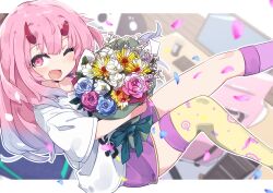 Rule 34 | 1girl, :d, blurry, blurry background, blush, bouquet, broken horn, colored tips, commentary request, confetti, flower, highres, horns, indie virtual youtuber, kanehira ame, long hair, looking at viewer, multicolored hair, one eye closed, open mouth, pink eyes, pink hair, shirt, shorts, single thighhigh, smile, solo, thighhighs, totomono, virtual youtuber, white shirt, yellow thighhighs