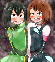 Rule 34 | asui tsuyu, asui tsuyu (hero outfit), boku no hero academia, breast press, breasts, highres, huge breasts, large breasts, musk, musk clouds, musky, pencil3693, shadman, smell, smelly, steam, steamy, sweat, sweatdrop, tsuyu asui, uraraka ochako, uraraka ochako (hero outfit)