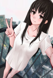 Rule 34 | 1girl, absurdres, black hair, brown eyes, cityscape, closed mouth, collarbone, dutch angle, exhibitionism, feet out of frame, female focus, highres, long hair, looking at viewer, no pants, original, outdoors, photo background, public indecency, railing, shirt, short sleeves, smile, solo, standing, v, white shirt, yuanfang de baihua l&iacute;n