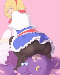 Rule 34 | 13o, 2girls, ^ ^, alice margatroid, artist name, ass, black panties, blonde hair, blue dress, blush, capelet, closed eyes, crescent, crescent hair ornament, dress, closed eyes, from behind, hair ornament, hair ribbon, hairband, highres, long hair, lying, multiple girls, on back, one eye closed, open mouth, panties, panties under pantyhose, pantyhose, patchouli knowledge, pink background, purple eyes, purple hair, ribbon, sash, short hair, simple background, sitting, sitting on face, sitting on person, smile, tears, thighhighs, touhou, tress ribbon, underwear, yuri