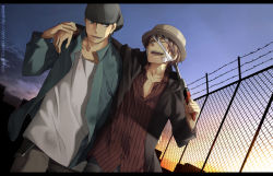 Rule 34 | 2boys, bandages, barbed wire, brown hair, casual, chain-link fence, durarara!!, fence, grin, hat, holding, injury, jacket, kadota kyouhei, leaning, letterboxed, male focus, multiple boys, outdoors, pinstripe pattern, rokujou chikage, shirt, sky, smile, striped clothes, striped shirt, sunset, walking, weapon