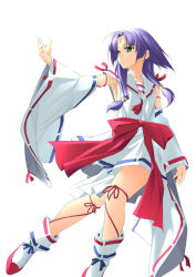 Rule 34 | 1girl, arm ribbon, armpits, boots, bow, canon (zoids infinity), detached sleeves, facial mark, forehead mark, full body, green eyes, hair tubes, japanese clothes, leg ribbon, looking to the side, magical girl, miko, nontraditional miko, outstretched arm, purple hair, ribbon, ribbon trim, rokuwata tomoe, sailor collar, sash, short hair with long locks, simple background, solo, thigh ribbon, white background, wide sleeves, zoids, zoids infinity