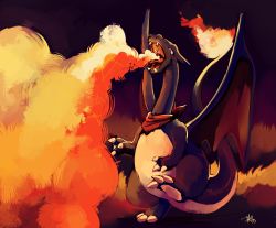 Rule 34 | absurdres, alternate color, bad deviantart id, bad id, black skin, breath weapon, breathing fire, charizard, claws, clothed pokemon, colored skin, commentary, creatures (company), dragon, fangs, fire, flame-tipped tail, full body, game freak, gen 1 pokemon, glitchedpuppet, highres, neckerchief, nintendo, no humans, pokemon, pokemon (creature), pokemon move, shiny pokemon, signature, solo, standing, standing on one leg