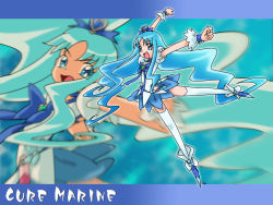 Rule 34 | 10s, 1girl, arms up, blue background, blue eyes, blue hair, blue theme, bow, brooch, character name, choker, cure marine, fuchi minoru, full body, hair ornament, hairpin, happy, heart, heart brooch, heartcatch precure!, jewelry, kurumi erika, long hair, matching hair/eyes, precure, puffy sleeves, ribbon, shoes, skirt, solo, thighhighs, white thighhighs