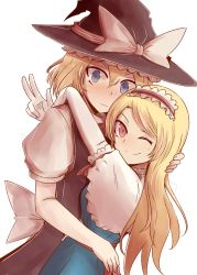Rule 34 | 2girls, alice margatroid, alice margatroid (cosplay), black dress, blonde hair, blue dress, blue eyes, blush, bow, brown eyes, capelet, cosplay, costume switch, dress, hairband, hat, hat bow, hug, kirisame marisa, kirisame marisa (cosplay), lolita hairband, long hair, looking at viewer, looking back, md5 mismatch, multiple girls, necro (nekurodayo), one eye closed, puffy sleeves, sash, short sleeves, simple background, smile, touhou, v, white background, wink, witch hat, yuri