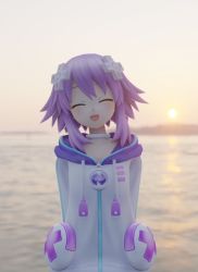 Rule 34 | 1girl, 3d, choker, closed eyes, d-pad, d-pad hair ornament, flat chest, hair ornament, indoors, jacket, neptune (neptunia), neptune (series), open mouth, purple hair, resolution mismatch, short hair, smile, solo, source larger, sun, sunlight, water