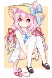Rule 34 | 1girl, animal ears, azur lane, bare arms, bare shoulders, beige background, blue bow, blue neckerchief, blush, bow, brown footwear, cat ears, cat girl, cat tail, chinese commentary, closed mouth, commentary request, dress, ears through headwear, fingernails, full body, hair between eyes, hair ribbon, hat, hat bow, kisaragi (azur lane), long hair, looking at viewer, low twintails, neckerchief, pink hair, red eyes, red ribbon, ribbon, sailor collar, sailor dress, shoes, sidelocks, sitting, sleeveless, sleeveless dress, solo, sun hat, tail, tail ornament, tail ribbon, tengxiang lingnai, thighhighs, twintails, two-tone background, very long hair, white background, white dress, white sailor collar, white thighhighs, yellow hat