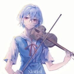 Rule 34 | 1girl, artist name, ayanami rei, blue dress, blue hair, chinese commentary, commentary request, crossed bangs, crying, crying with eyes open, dress, expressionless, hair between eyes, highres, holding, holding instrument, holding violin, instrument, looking at viewer, music, neck ribbon, neon genesis evangelion, pinafore dress, playing instrument, red eyes, ribbon, sailor collar, school uniform, serafuku, shirt, short hair, simple background, sleeveless, sleeveless dress, solo, tears, upper body, violin, white background, white shirt, xianst