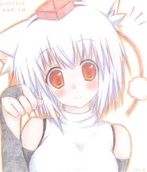 Rule 34 | 1girl, animal ears, bare shoulders, blush, breasts, bridal gauntlets, dated, detached sleeves, fingerless gloves, gloves, hat, hestia (neko itachi), inubashiri momiji, looking at viewer, orange eyes, paw pose, pom pom (clothes), short hair, silver hair, smile, solo, tokin hat, touhou, traditional media, wolf ears