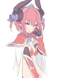 Rule 34 | alternate hair length, alternate hairstyle, armor, bikini armor, blade (galaxist), blue eyes, blue ribbon, blush, breasts, cape, choker, commentary request, curled horns, dragon horns, duplicate, elizabeth bathory (brave) (fate), elizabeth bathory (fate), fate/grand order, fate (series), hair between eyes, hair ribbon, hand up, horns, navel, oversized clothes, parted lips, pauldrons, pink hair, pointy ears, red choker, ribbon, short hair, shoulder armor, sidelocks, small breasts, solo, tiara, two side up, vambraces, wavy mouth, white cape