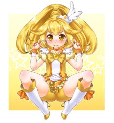 Rule 34 | 10s, 1girl, bike shorts, bike shorts under skirt, blonde hair, boots, bow, bowtie, choker, cure peace, double v, dress, frown, full body, gradient background, hair flaps, kise yayoi, long hair, magical girl, orange bow, orange bowtie, precure, shorts, shorts under skirt, shouni (sato3), skirt, smile precure!, solo, spread legs, v, white background, wrist cuffs, yellow background, yellow bow, yellow dress, yellow eyes, yellow shorts, yellow skirt, yellow theme