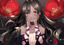 Rule 34 | 1girl, akuta hinako, arm ribbon, bare shoulders, black collar, black dress, black hair, black ribbon, blood, blood on face, breasts, camellia, center opening, collar, collarbone, dress, fate/grand order, fate (series), fingernails, flower, flower request, highres, long hair, looking at viewer, medium breasts, nail polish, petals, red eyes, red flower, revealing clothes, ribbon, solo, strapless, strapless dress, very long hair, wind, yu mei-ren (fate), yufou