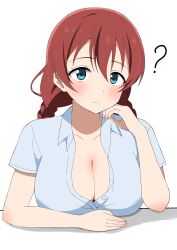 Rule 34 | 1girl, ?, absurdres, aqua eyes, blush, braid, breasts, brown hair, cleavage, closed mouth, emma verde, freckles, frown, goa1126, highres, large breasts, long hair, looking at viewer, love live!, love live! nijigasaki high school idol club, open clothes, open shirt, shadow, simple background, solo, twin braids, white background