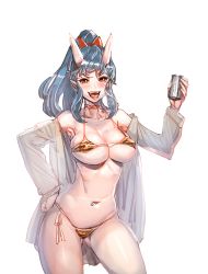 Rule 34 | 1girl, :d, beer can, bikini, bikini under clothes, blue hair, body piercings, bow, bow (bhp), breasts, can, choker, cleavage, collarbone, collared shirt, covered erect nipples, cowboy shot, dress shirt, drink can, drunk, fangs, gluteal fold, hair bow, halterneck, hand on own hip, heavy breathing, holding, horns, large breasts, long hair, long sleeves, looking at viewer, micro bikini, navel, navel piercing, off shoulder, oni, oni horns, open clothes, open mouth, open shirt, orange eyes, original, pale skin, piercing, pointy ears, ponytail, red bow, shiny skin, shirt, side-tie bikini bottom, sidelocks, simple background, sketch, skindentation, smile, solo, stomach, string bikini, swept bangs, swimsuit, swimsuit under clothes, tiger stripes, underboob, white background, white shirt