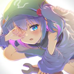 Rule 34 | 1girl, bare shoulders, bloom, blue eyes, blue hair, blurry, blush, depth of field, from above, hair bobbles, hair ornament, hat, highres, holding, holding wrench, kawashiro nitori, key, looking at viewer, off shoulder, one eye closed, open mouth, rubbing eyes, shiroi karasu, short hair, simple background, solo, squatting, touhou, two side up, white background, wrench