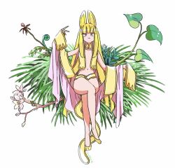 Rule 34 | 1girl, animal ears, blonde hair, blunt bangs, branch, breast curtains, bud, cat ears, cat girl, cat tail, closed mouth, crossed legs, flower, highres, invisible chair, leaf, long hair, mokeo, original, paw shoes, pink flower, shoes, sidelocks, simple background, sitting, solo, tail, white background, yellow flower