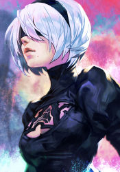 Rule 34 | 1girl, 2b (nier:automata), black dress, black hairband, blindfold, breasts, cleavage, cleavage cutout, clothing cutout, covered eyes, dress, hairband, hungry clicker, juliet sleeves, lips, long sleeves, medium breasts, mole, mole under mouth, nier:automata, nier (series), nose, portrait, puffy sleeves, short hair, silver hair, simple background, solo, turtleneck, turtleneck dress