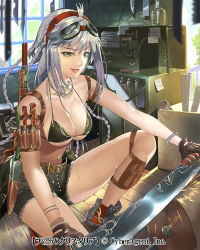 Rule 34 | 1girl, bad id, bad pixiv id, belt, bikini, bikini top only, bracelet, braid, breasts, brown gloves, cleavage, cutoffs, gloves, goggles, goggles on head, green eyes, hairband, jewelry, large breasts, lips, long hair, lots of jewelry, navel, parted lips, sharpening, silver hair, skindentation, smile, squatting, sumiobunnya, sweat, swimsuit, sword, tenkuu no crystalia, weapon