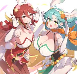Rule 34 | 2girls, :d, absurdres, ahoge, animal ears, aqua hair, bare shoulders, blush, braid, breasts, chloe (fire emblem), chloe (spring) (fire emblem), choker, cleavage, collarbone, commentary request, cordelia (fire emblem), cordelia (spring) (fire emblem), cowboy shot, detached sleeves, elbow gloves, fake animal ears, fake tail, fire emblem, fire emblem awakening, fire emblem engage, fire emblem heroes, flower, foot out of frame, gloves, gonzarez, green eyes, green footwear, hair flower, hair ornament, hands up, high heels, highres, jewelry, large breasts, leotard, long hair, looking at viewer, medium breasts, multiple girls, necklace, nintendo, official alternate costume, open mouth, orange choker, pantyhose, playboy bunny, puffy short sleeves, puffy sleeves, rabbit ears, rabbit tail, red eyes, red hair, red leotard, red pantyhose, scarf, short sleeves, simple background, smile, strapless, strapless leotard, suspenders, tail, thighs, very long hair, white background, white gloves, white pantyhose, wrist cuffs, yellow scarf