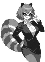 Rule 34 | 1girl, animal ears, buttons, collared shirt, cowboy shot, formal, futatsuiwa mamizou, greyscale, hair ornament, leaf hair ornament, long sleeves, mib mamizou, miniskirt, monochrome, onkn sxkn, open mouth, pantyhose, pencil skirt, raccoon ears, raccoon tail, shirt, short hair, simple background, skirt, smile, solo, suit, sunglasses, tail, touhou, white background