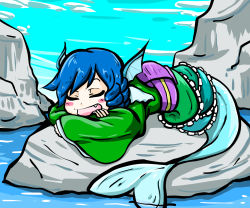 Rule 34 | 1girl, bad id, bad pixiv id, blue hair, blush, blush stickers, drill hair, fang, fins, head fins, highres, japanese clothes, kimono, lying, mermaid, monster girl, obi, on stomach, open mouth, sash, sleeping, solo, touhou, toumei kujira, wakasagihime, water, wide sleeves