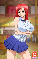 Rule 34 | 1girl, artist name, blurry, blurry background, breast hold, breasts, brown eyes, contrapposto, crossed arms, erodraw, erza scarlet, fairy tail, highres, large breasts, long hair, looking at viewer, patreon, pleated skirt, red hair, skirt, smile, solo