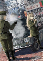 Rule 34 | 1boy, 1girl, animal ears, blonde hair, boots, car, cigarette, commentary request, dutch angle, faceless, faceless male, gloves, graffiti, green eyes, grey hair, hat, highres, karo-chan, lighter, long hair, military, military hat, military uniform, motor vehicle, original, outdoors, pantyhose, road sign, sign, smoke, smoking, snowing, uniform, very long hair