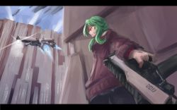Rule 34 | 1girl, arceonn, city, cyberpunk, foreshortening, green hair, gumi, gun, handgun, left-handed, letterboxed, long hair, pantyhose, pistol, red eyes, science fiction, solo, spacecraft, sweater, vocaloid, weapon