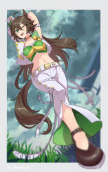 Rule 34 | 1girl, ;d, absurdres, ahoge, animal ears, arms up, black hair, blue eyes, blurry, blurry background, blurry foreground, brown footwear, choker, commentary request, crop top, cropped jacket, grass, green shirt, hat, highres, horse ears, horse girl, jacket, kimihitsuji, long hair, looking at viewer, midriff, mini hat, mini top hat, mr. c.b. (umamusume), navel, one eye closed, open clothes, open jacket, open mouth, outdoors, pants, shirt, shoes, smile, solo, standing, stomach, strapless, strapless shirt, top hat, umamusume, very long hair, white hat, white jacket, white pants