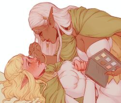 Rule 34 | 2girls, applying makeup, baronessgremlin, blonde hair, bracelet, braid, breasts, bridal gauntlets, choker, cithis, cleavage, cloak, closed mouth, commentary, dark-skinned female, dark skin, dress, dungeon meshi, elf, english commentary, eye contact, facial mark, forehead mark, from side, green cloak, grey eyes, grey hair, hair tubes, half up braid, half updo, hood, hood down, hooded cloak, jewelry, large breasts, leaning forward, lesbians doing makeup (meme), lips, long hair, looking at another, lying, makeup, meme, multiple girls, necklace, notched ear, on back, pattadol, pointy ears, ring, rouge (makeup), simple background, smile, uniform, white background, white dress
