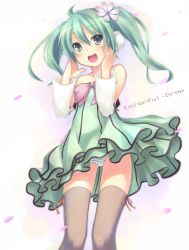 Rule 34 | 1girl, alternate hair length, alternate hairstyle, aqua eyes, aqua hair, aqua nails, bare shoulders, colorful x melody (vocaloid), detached sleeves, dress, hatsune miku, long hair, looking at viewer, nail polish, open mouth, panties, pantyshot, petals, project diva, project diva (series), project diva 2nd, ryo (botugo), short hair, smile, solo, strapless, strapless dress, striped clothes, striped panties, thighhighs, twintails, underwear, vocaloid