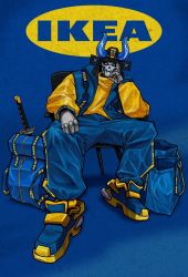 Rule 34 | backpack, bag, blue background, blue eyes, blue footwear, blue pants, blue vest, clenched hand, closed mouth, clothed robot, commentary, english commentary, full body, hand on own cheek, hand on own face, helmet, highres, horns, humanoid robot, ikea, katana, kensuke creations, leaning to the side, logo, long sleeves, looking at viewer, no humans, on chair, original, pants, robot, shoes, sitting, sneakers, solo, streetwear, sweater, sweatpants, sword, unworn backpack, unworn bag, vest, weapon, yellow sweater