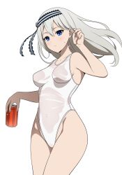 Rule 34 | 1girl, black hairband, blue eyes, blush, breasts, can, closed mouth, competition swimsuit, coro fae, covered navel, dot nose, drink can, expressionless, fingernails, frilled hairband, frills, grey hair, hair between eyes, hairband, hand up, highres, holding, holding can, kaguya-sama wa kokurasetai ~tensai-tachi no renai zunousen~, long hair, looking at viewer, medium breasts, one-piece swimsuit, paid reward available, shirogane kei, simple background, soda can, solo, standing, striped clothes, striped hairband, sweatdrop, swimsuit, thighs, wet, wet clothes, wet swimsuit, white background, white one-piece swimsuit