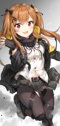 Rule 34 | 1girl, :3, :d, black bow, black footwear, black pantyhose, black scarf, black skirt, bow, brown hair, dress shirt, fingerless gloves, girls&#039; frontline, gloves, hair between eyes, hair bow, hair ornament, hairclip, hand up, highres, jacket, knee pads, knee up, long hair, marmoset (marmoset0), miniskirt, navel, open clothes, open jacket, open mouth, pantyhose, pleated skirt, purple eyes, scar, scar across eye, scar on face, scarf, shirt, sidelocks, skirt, smile, solo, thighs, twintails, ump9 (girls&#039; frontline), white shirt