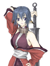 Rule 34 | 1girl, :d, animal ears, arm behind head, bare shoulders, blue eyes, blue hair, braid, collar, dog ears, female focus, hand on own hip, holding, japanese clothes, karulau, long hair, looking at viewer, matching hair/eyes, open mouth, sash, simple background, smile, solo, sword, utawarerumono, weapon, white background