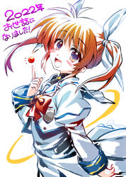 Rule 34 | 1girl, 2022, :d, black shirt, blush stickers, brown hair, commentary request, cropped jacket, from side, hair ribbon, highres, jacket, juliet sleeves, long sleeves, looking at viewer, lyrical nanoha, magical girl, mahou shoujo lyrical nanoha, medium hair, medium skirt, notice lines, open mouth, puffy sleeves, purple eyes, raising heart, ribbon, sailor collar, shirt, skirt, smile, solo, standing, takamachi nanoha, translated, twintails, wada chiyon, white background, white jacket, white ribbon, white sailor collar, white skirt