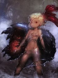 Rule 34 | 1girl, blonde hair, colored eyelashes, commentary request, dark, dark-skinned female, dark skin, earrings, flat chest, hair ribbon, highres, jewelry, legs apart, looking at viewer, monster, navel, nude, pointy ears, red eyes, red ribbon, ribbon, rumia, see-through, short hair, solo, standing, stomach, stud earrings, touhou, transparent, yst