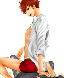 Rule 34 | 2boys, :p, ass, boxer briefs, brown hair, ensemble stars!, highres, kei1 833, looking at viewer, looking back, male focus, male underwear, morisawa chiaki, multiple boys, open clothes, open shirt, pov, red eyes, shirt, simple background, sitting, smile, tongue, tongue out, underwear, white background, yaoi