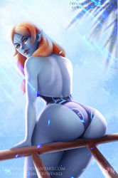Rule 34 | 1girl, ass, blue skin, colored sclera, colored skin, lipstick, long hair, looking back, makeup, midna, midna (true), nintendo, on railing, one-piece swimsuit, orange hair, pointy ears, prywinko, purple lips, railing, red eyes, signature, sitting, solo, spoilers, swimsuit, the legend of zelda, the legend of zelda: twilight princess, watermark, web address, wide hips, yellow sclera