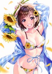Rule 34 | 1girl, absurdres, armpits, arms up, bare shoulders, blue shirt, blurry, bow, bow bra, bow panties, bra, breasts, brown hair, cleavage, collarbone, cowboy shot, floral print, flower, gluteal fold, grin, hair flower, hair ornament, highres, holding, holding flower, lace, lingerie, long sleeves, looking at viewer, medium breasts, morikura en, nail polish, navel, off shoulder, open clothes, open shirt, original, panties, petals, plaid, plaid shirt, print bra, print panties, red eyes, scan, shirt, short hair, signature, smile, solo, stomach, sunflower, sunflower hair ornament, sunflower print, thigh gap, thighs, underwear, white bra, white panties, yellow flower, yellow nails
