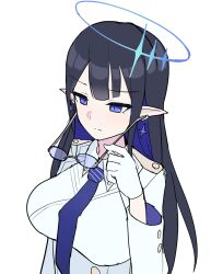 Rule 34 | 1girl, black hair, blue archive, breasts, glasses, highres, large breasts, pointy ears, rin (blue archive), school uniform, solo, tatsuo (quantum oyster), upper body, white background