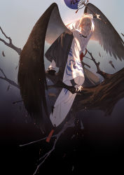 Rule 34 | 1boy, bare tree, black wings, blue eyes, closed mouth, contrast, feathered wings, feathers, geta, hair between eyes, hand fan, highres, holding, holding fan, in tree, japanese clothes, kariginu, kinsatsu (grizzled), knee up, light particles, long sleeves, looking at viewer, looking down, male focus, ofuda, on one knee, onmyoji, paper fan, sash, silver hair, solo, tabi, tengu, tree, uchiwa, white legwear, wide sleeves, wings