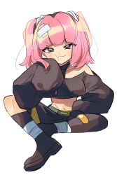 Rule 34 | 1girl, bandaid, bandaid on head, black footwear, black sweater, boots, commentary request, coral (pokemon), creatures (company), cropped sweater, game freak, grey eyes, highres, looking at viewer, medium hair, midriff, nintendo, pink hair, pokemon, pokemon (anime), pokemon horizons, simple background, sitting, sleeves past fingers, sleeves past wrists, solo, sweater, twintails, white background, yunme