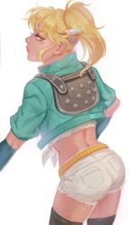 Rule 34 | 1girl, battle tendency, blonde hair, caesar anthonio zeppeli, crop top, facial mark, feather hair ornament, feathers, fingerless gloves, from behind, gloves, green eyes, green jacket, hair ornament, headband, homil22, jacket, jojo no kimyou na bouken, midriff, ponytail, short shorts, shorts, thighhighs, triangle print